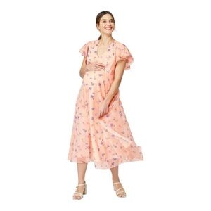 The Nines by Hatch Peach Chiffon Floral Midi Maternity Dress Size Large R1